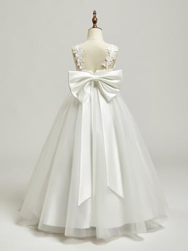 Lace Applique Flower Girl Dress for Wedding Kids Puffy Tulle Satin Long Pageant Princess Dress Bowknot Prom Ball Gowns4