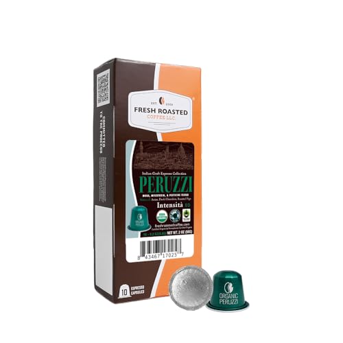 Image of Fresh Roasted Coffee, Peruzzi Italian Craft Espresso Capsules for Nespresso OriginalLine, Medium, USDA Organic, 3rd Party Tested for Mold, Mycotoxin, Pesticides, Kosher, 10 Recyclable Aluminum Capsules