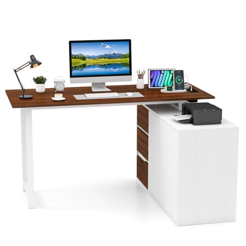 COSTWAY L-Shaped Computer Desk, 138CM Large Reversible Corner Desk Writing Study Table with File Cabinet & Power Outlets, Wooden Home Office PC Laptop Gaming Workstation (Brown + White)