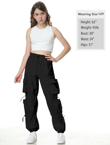 Image of EXARUS Girls Parachute Pants Cargo Hip Hop Wide Leg Baggy Y2K Teen | Tween Casual School Dance Streetwear with Pockets Elastic Waist Youth Junior Kids Bottoms Hiking 8-14Y