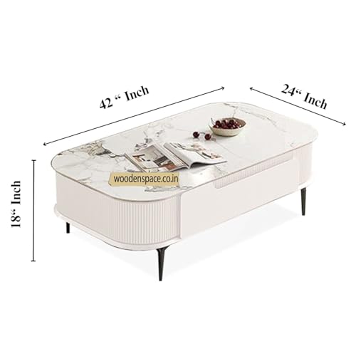 Image of WOODEN SPACE Premium Solo Marble-Top Wooden Center Table for Living Room | Iron Legs | PVD Coating | Modern Entryway Furniture | Coffee Table - 42X24X18 in (White)