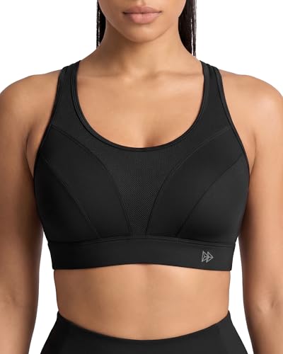 Yvette High Impact Sports Bra for Women, Adjustable High Support Running Bra with Molded Cups, Hook-and-Eye Back Closure, Wirefree Full Coverage Workout Bra, Black, X-Large