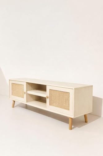 Image of Premium Solid Wood, 10 Minutes Assembly (Legs Only), Aesthetic Rattan Doors, Mid Century Entertainment Center for Living Room, TV Stand for 65 inch TV, Dark Chocolate (Love S (L144))
