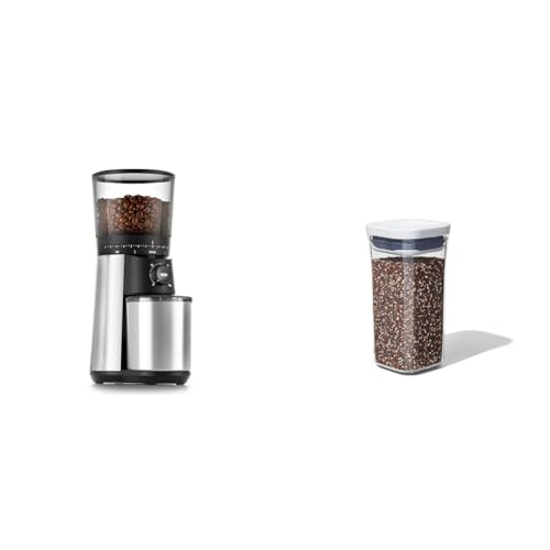 OXO Brew Conical Burr Coffee Grinder, Silver & Good Grips POP Container - Airtight Food Storage - Mini Square Short 0.5 Qt Ideal for 1 lb of baking soda or 14 oz of grains