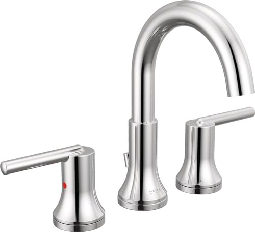 Delta Trinsic Chrome Bathroom Faucet 3 Hole, 8 Inch Widespread Bathroom Sink Faucet for Vanity, Metal Push-Pop Drain Assembly, Chrome 3559-MPU-DST