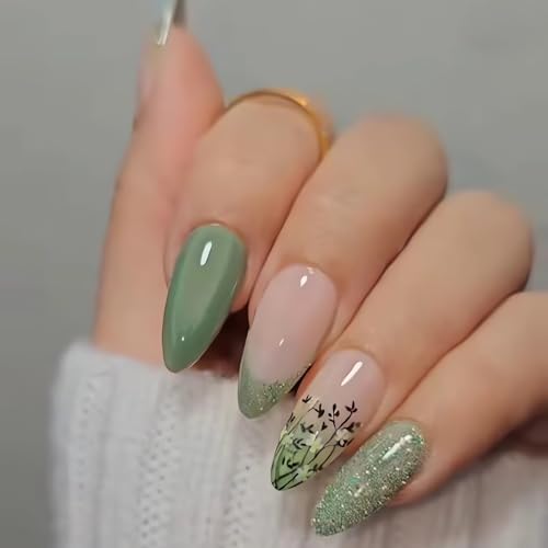 Green Press On Nails - Medium Almond Shape with Butterfly & Flowe...