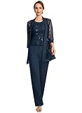 TANPAUL Hosenanzug Damen Festlich Elegant   Glitzer Pailletten Abendanzug Elegant Chiffon Spitze 3/4 Ärmel Festliches Hochzeitsgast Cocktail Outfit Marineblau 52