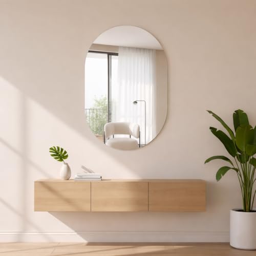 Image of Capsule-Shaped Frameless Wall Mirror - Modern Decorative Mirror for Bathroom, Bedroom, Entryway & Living Room. (9x15)