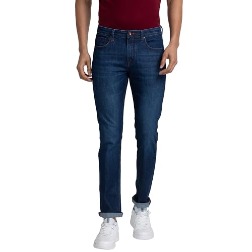 Image of Raymond Men's Mid Rise Cotton Blend Solid Pattern Slim Fit Flat Front Jeans