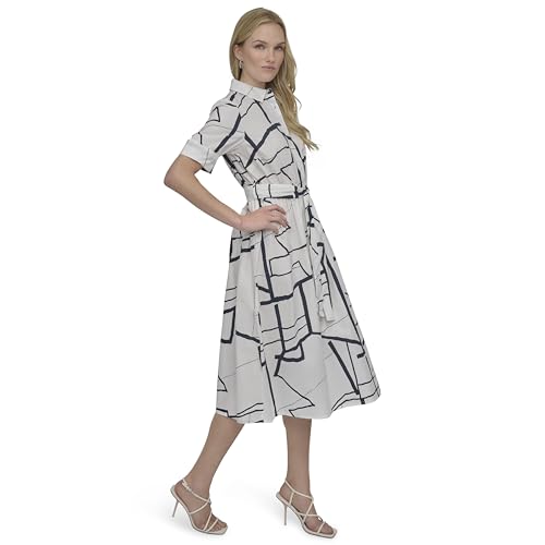 Image of DKNY Women's Short Sleeve Cotton Poplin Collared Midi Shirtdress