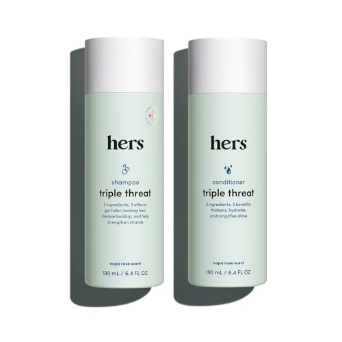 hers Triple Threat Shampoo & Conditioner Set - Biotin, Saw Palmetto, & Pumpkin Seed Oil Formula - Thickens & Hydrates - Color-Safe, Paraben-Free, Vegan - Napa Rose Scent - 6.4 Fl Oz, 2 Count