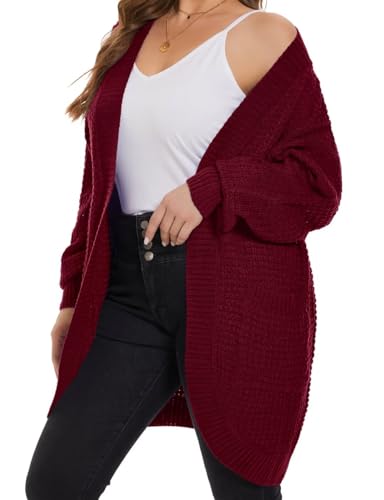 Image of MONNURO Womens Plus Size Open Front Cardigan Waffle Knit Long Sleeve Sweaters Tops Fall Coat Outerwear with Pockets