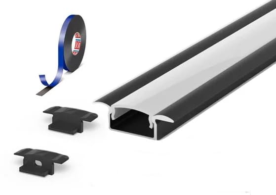 2 Metre Recessed Black LED Profile P6-1 C/W Clips, End Caps & Opal Cover | Perfect for Bedroom, Stairs, Hallway, Kitchen, Cabinet (15mm x 6.2mm)
