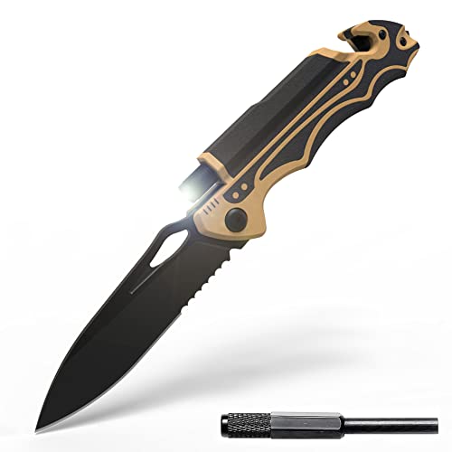 Pocket Knife, Sharknight Folding Knife AUS-8 4 inches Blade Knife with LED Light Fire Starter Seatbelt Cutter Glass Breaker for everyday carry Camping Outdoor Survival Gift for Men Yellow