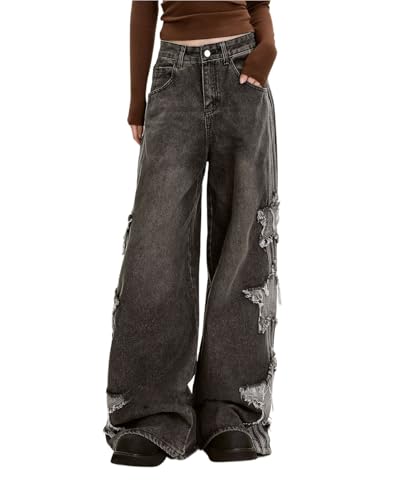 Lafaguw Jeans holgados para mujer y niña, diseño de retazos de estrellas, cintura alta, lindos jeans Y2K, ropa de calle holgada, ropa grunge emo, Negro -, Small
