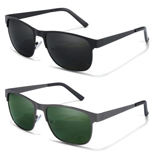 Myiaur Polarized Sunglasses for Men - Square Metal Sun Glasses UV400 Protection for Driving Fishing Golf (2 Pack)