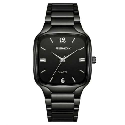 Image of Men's Analog Watch | Black Dial Square Stainless Steel Strap | Slim Quartz Wrist Watch for Men & Boys | Stylish Formal Casual Water Resistant Watch