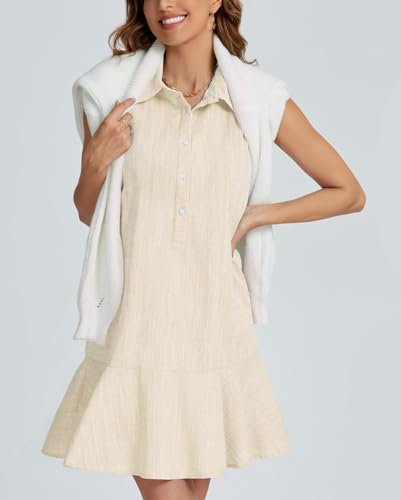 Image of Women Sleeveless Mini Dress Button Down Shirt Dress V Neck Reffle Hem Cotton Linen Tunic Short Dress