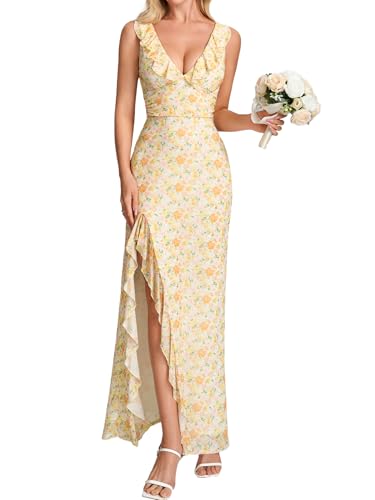 Parthea Women's Floral Ruffle Deep V Neck Maxi Dress Sleeveless High Split Hem Mesh Formal Wedding Guest Dress, Yellowrose, Medium