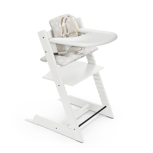 Image of Tripp Trapp High Chair and Cushion with Stokke Tray - White with Star Silver - Adjustable, Convertible, All-in-One High Chair for Babies & Toddlers