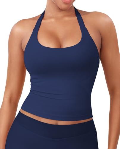 Image of YEOREO SoftHue Women's Impact Halter Tank Top Longline Backless Scoop Neck Built-in Bra Sports Workout Gym Crop Top
