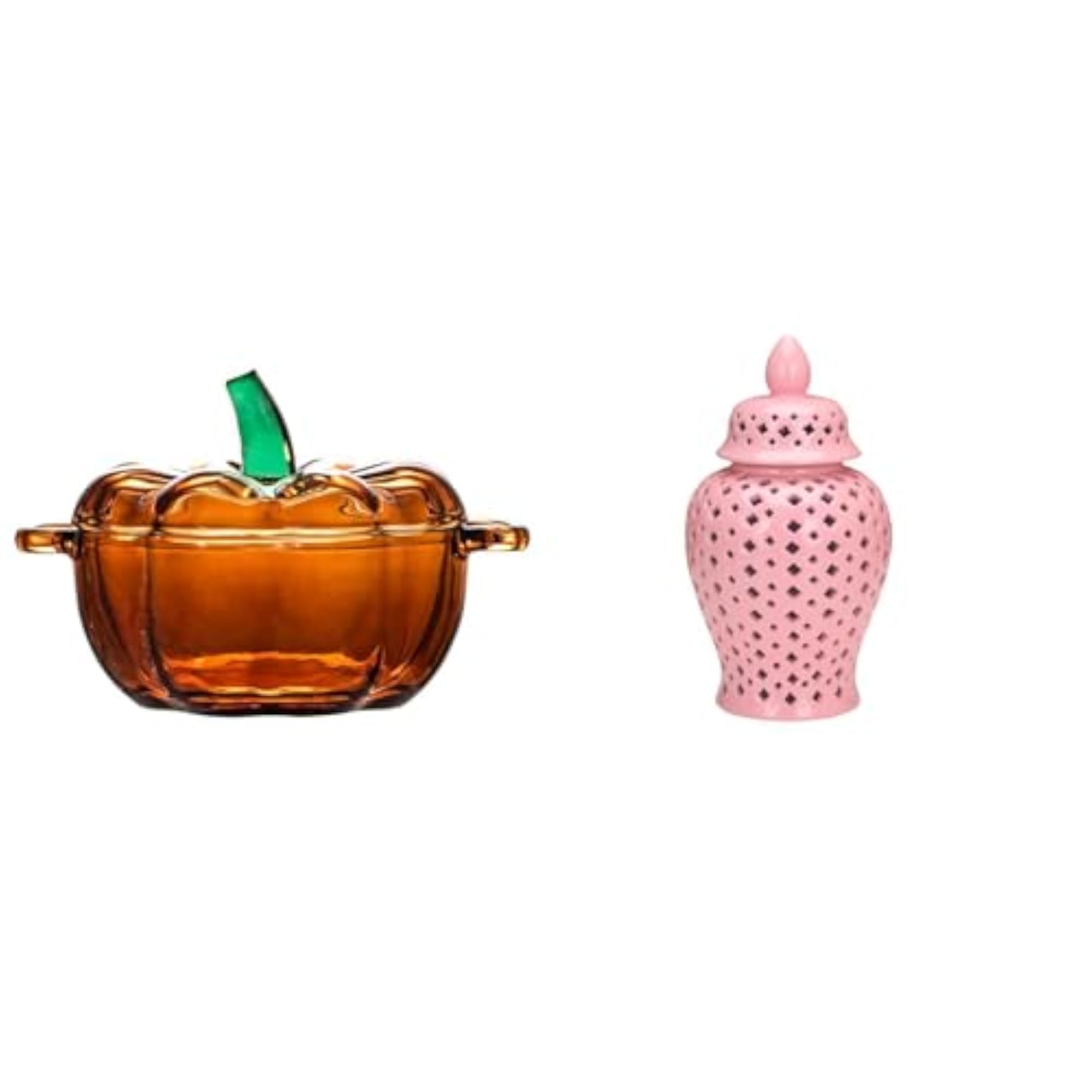 Pumpkin Shaped Glass Candy Dish and Ceramic Ginger Jar