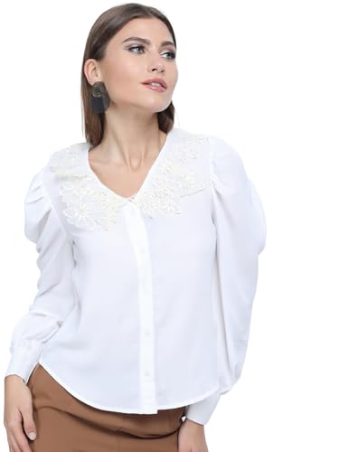 Image of Tokyo Talkies Women's White Shirt-Style V-Neck Top | Cuff Sleeves | Classic & Chic | Perfect for Work & Casual Outings | Tops for Woman | Women Tops | Stylish Top