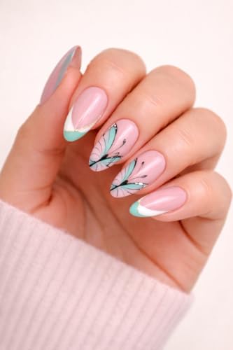Image of 24 Pcs Reusable Artificial Nails Fake Nails with Glue and Kit|Blue Heaven French Pastel with butterfly Press On Nails | ABS Material UV Protected Long Lasting Finish | Reusable Customizable Nail Kit |Medium Almond Nails with Glue File Tools