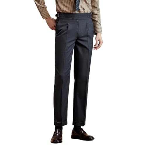 Men's Gurkha Pants, Mens Dress Pants Regular Fit Wrinkle Free, Italian Naples Style Herringbone Pleated Suit Trousers