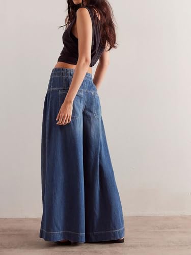 utcoco Women's 2025 Pleated Mid-Rise Buttons Drawstring Maxi Wide Leg Jeans3