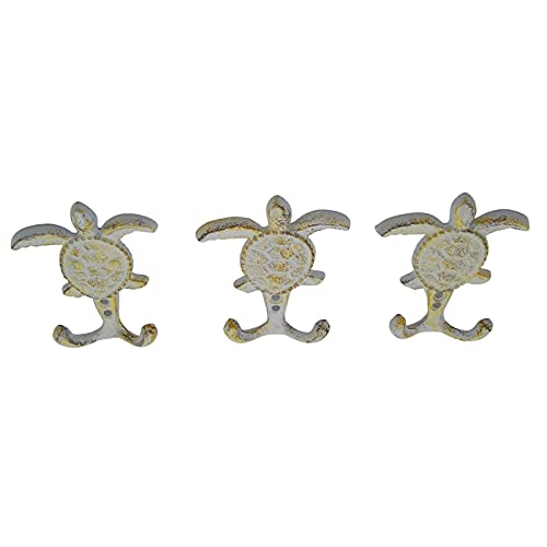 Wowser Distressed White Sea Turtle Cast Iron Wall Hook, Yellow Accents, Wall Décor, Set of 3, 4 3/4 Inch - Image 3