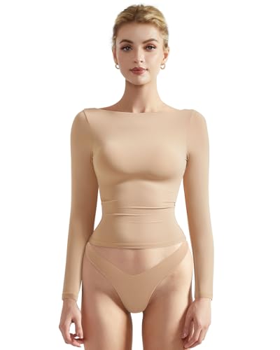 SUUKSESS Women Crew Neck Long Sleeve T Shirts Double Lined Tight Fitted Crop Top (Nude,M)