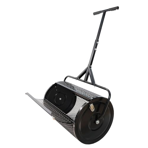 HIROHRTV Peat Moss Spreader with Upgraded T-Handle - Large Capacity Metal Mesh Compost Roller for Lawn & Garden - Evenly Spreads Peat Moss, Mulch, Topsoil - Rust-Proof & Lightweight (Black)