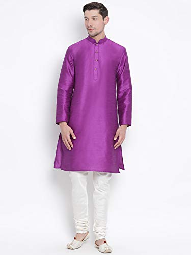 Image of VASTRAMAY VM Mens Silk Blend Kurta Pyjama Set - Classic Ethnic Attire for Timeless Style and Cultural Celebrations | Soft Comfortable Solid Full Sleeves Kurta and Churidar Pyjama Set