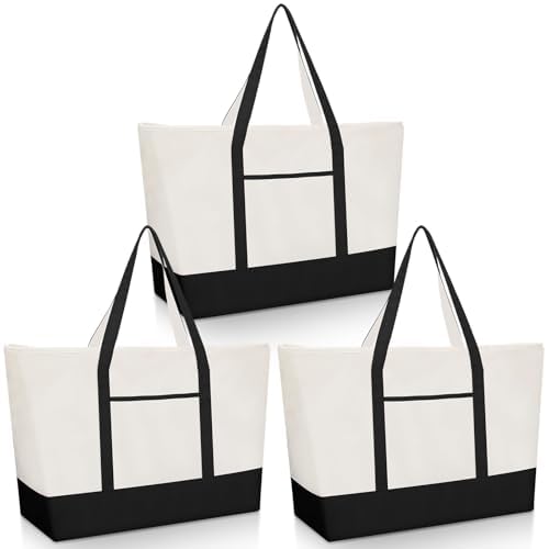 Sunnymove 3 Pcs Extra Large Canvas Tote Bags with Zipper 22 Inch Heavy Duty Cotton Tote Bag with Outer Pocket Washable Multipurpose Canvas Shopping Bag for Beach Work Travel Shopping(Black)