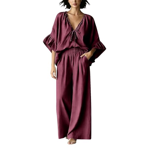 Ensemble deux pièces femme haut col V ample et pantalon fluide contre la chaleur estivale
