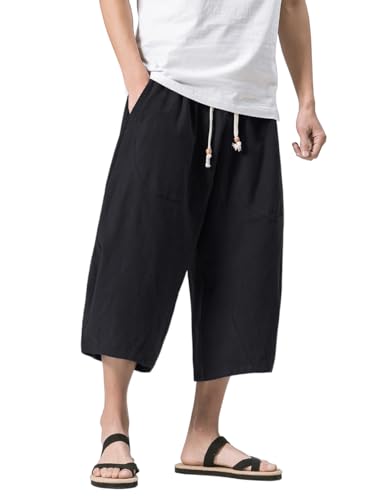 MAGNIVIT Men's Japanese Pant Baggy Capri Pants Loose Fit Linen Casual Pants with Pockets Black 40
