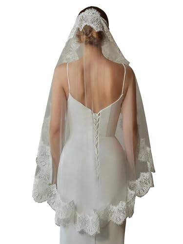 Ophea Veily Mantilla Veils Floral Lace Edge Wedding Bridal Veil Fingertip Length for Brides Ivory