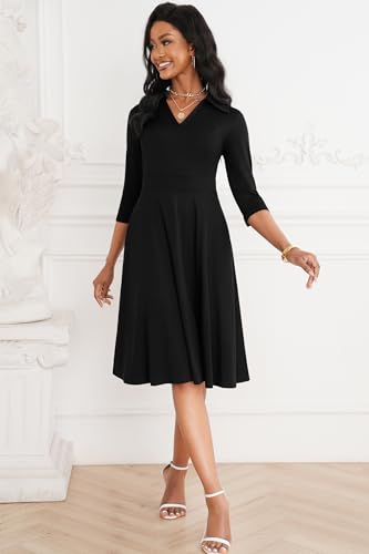 Image of Nmoder Casual Dresses for Women Semi Formal Fit and Flare 3 /4 Sleeve V Neck Cocktail Church Midi Dress with Pockets