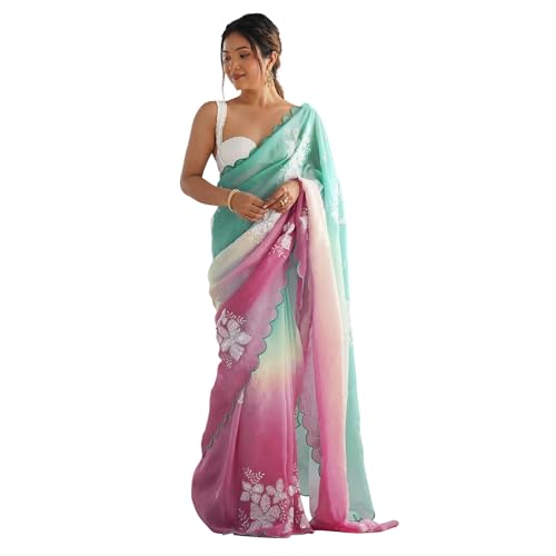 Image of Women's Orange-Yellow Ombre Saree with Floral Embroidery | Lightweight & Festive Saree | Elegant Ethnic Wear for Women