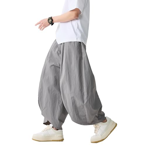GURUNVANI Men’s Split Hem Wide Leg Pants Elastic Waist Loose Fit Beach Harem Trousers