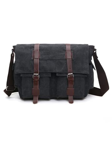 SOUGAO Messenger Bag for Men 14 15.6 Inch Canvas Laptop Computer Bag Leather Briefcase (Black)