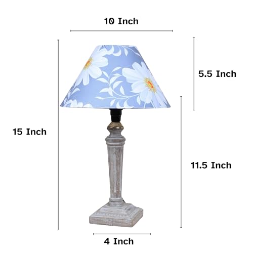 Image of tu casa Hand Carved Equine Mangowood Table Lamp for Home Decoration, Bedroom, Living Room, Lounge, Office, Festival Gifting, Study Table (Narcissue Floral Print with Satin Shade) H - 15 inch / No Blub