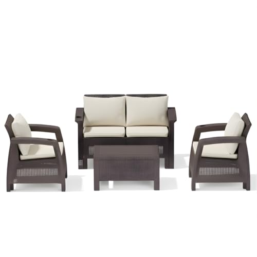 4-Seater Outdoor Sofa Set Dark Brown Plastic Seating with Seat & Back Cushions & Coffee Table Weather-Resistant Patio & Garden Furniture with Built-In Cup Holders