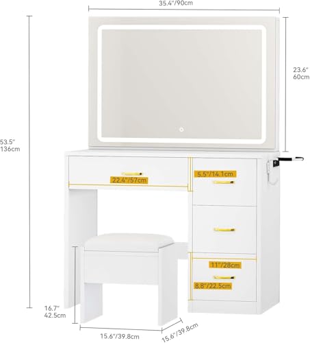 Image of DWVO Vanity Desk Set with Mirror and Lights: Makeup Table with 4 Drawers & Stool, Adjustable LED Lighting, Dressing Table White