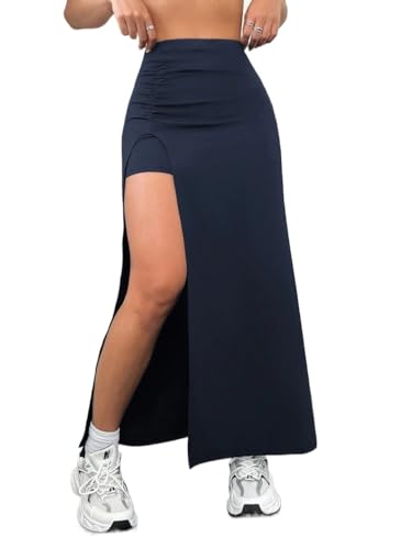 Women High Waist Solid Color Pleated High Slit Long Skirt Summer Skirt