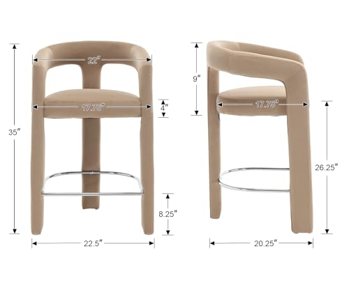 Image of HNY Modern Barrel Bar Stools Set of 3, 26 Inch Upholstered Velvet Counter Height Barstools with Open Back and Armrests, for Kitchen Island, Home Bar, Dining Room, No Assembly, Khaki