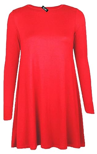 Shop Nova® Women Long Sleeves Round Neck Stretch Swing Skater Flared Dress Ladies Midi Length Top Plain & Printed Casual Summer Wear Dresses UK 8-26 (Red, 20)