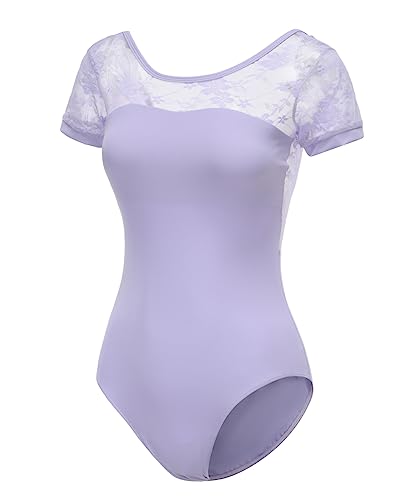 Lanbodance Maillot de ballet de manga corta para mujer, para gimnasia, danza, leotardo para adultos, Lace lila, L