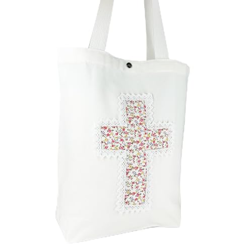 Image of Christian Tote Bag Gift for Women, Canvas Bible Bag Handmade Floral Cross | Christian faith-inspired gift, handcrafted cross with lace, inner pocket, snap closure, bottom gusset, church Bible study use